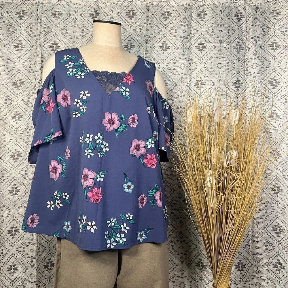 LANE Bryant Floral Cold Shoulder Blouse Top size 18